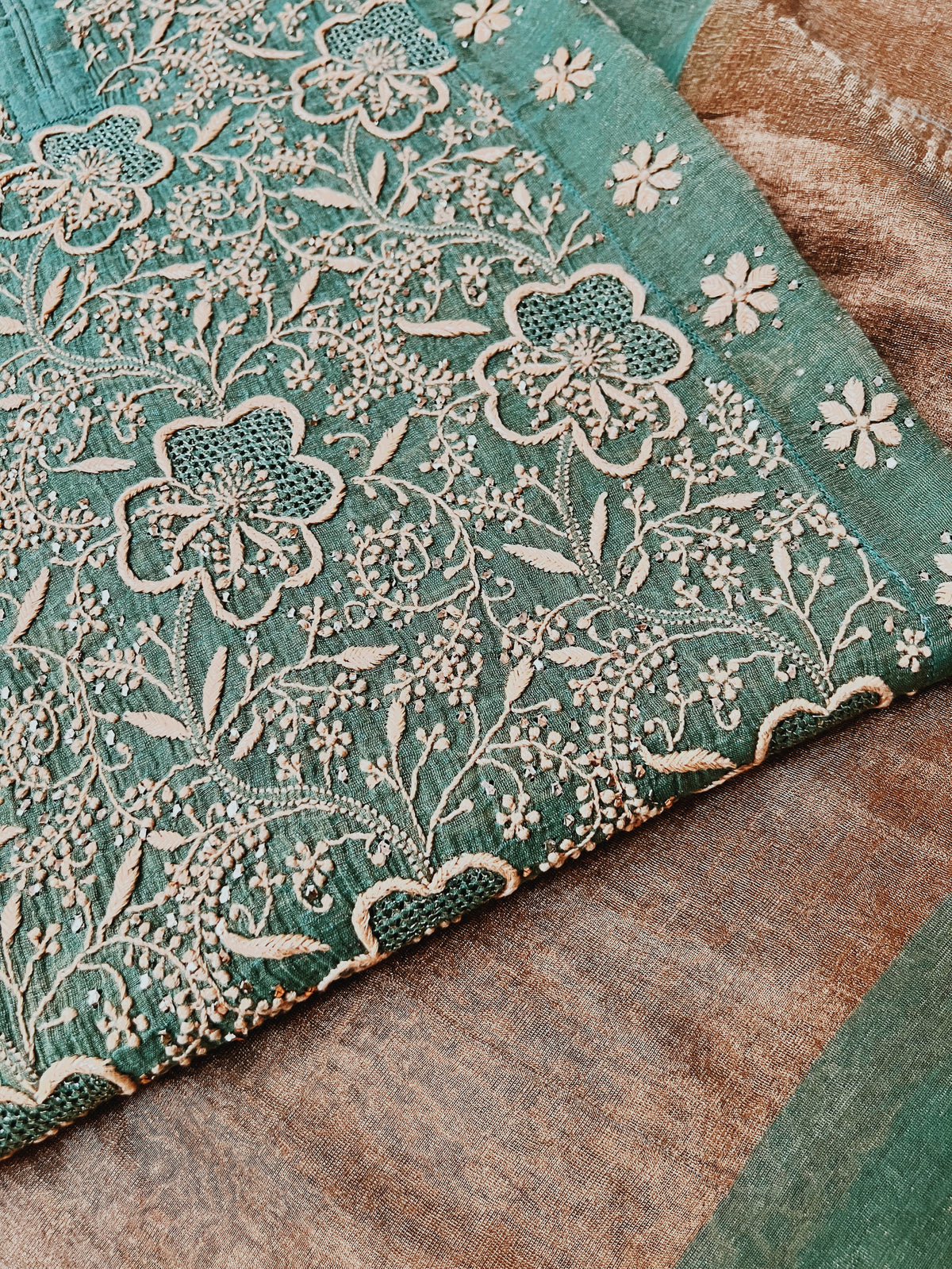 Green Tissue Chanderi Silk Suit with Chikankari, Kasab Haath Jaali and Mukaish