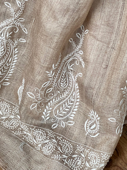 Natural Handwoven Khadi Silk Saree with Do Taar Chikankari