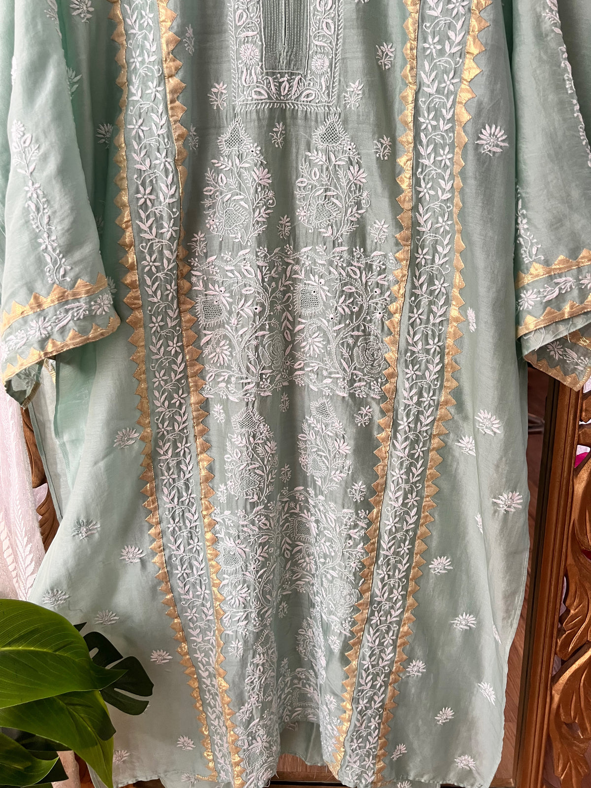 Moss green Pure Chanderi Silk Kurta Set with Chikankari and Applique