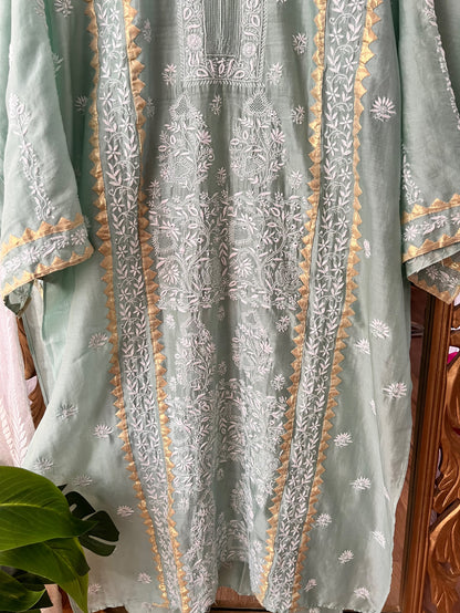 Moss green Pure Chanderi Silk Kurta Set with Chikankari and Applique