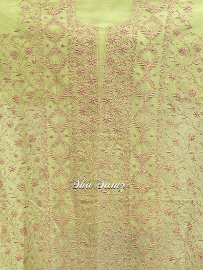 Lime Green and Pink Chikankari Mul Chanderi Suit