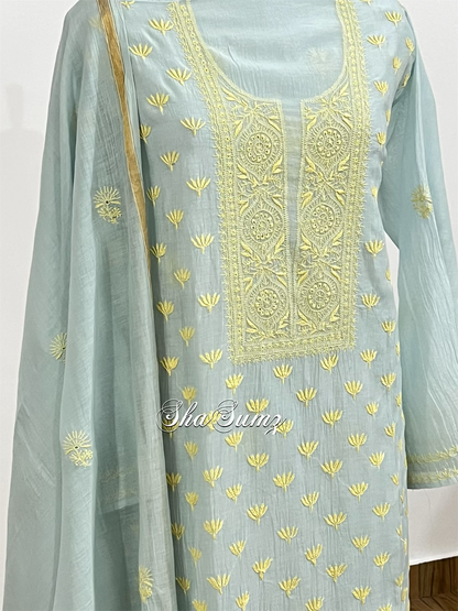 Powder Blue & Yellow Chanderi Suit