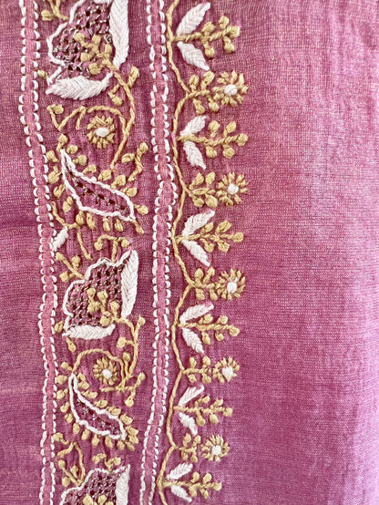 Dusty Rose Tissue Chanderi Silk Suit with Chikankari | Crescent Design