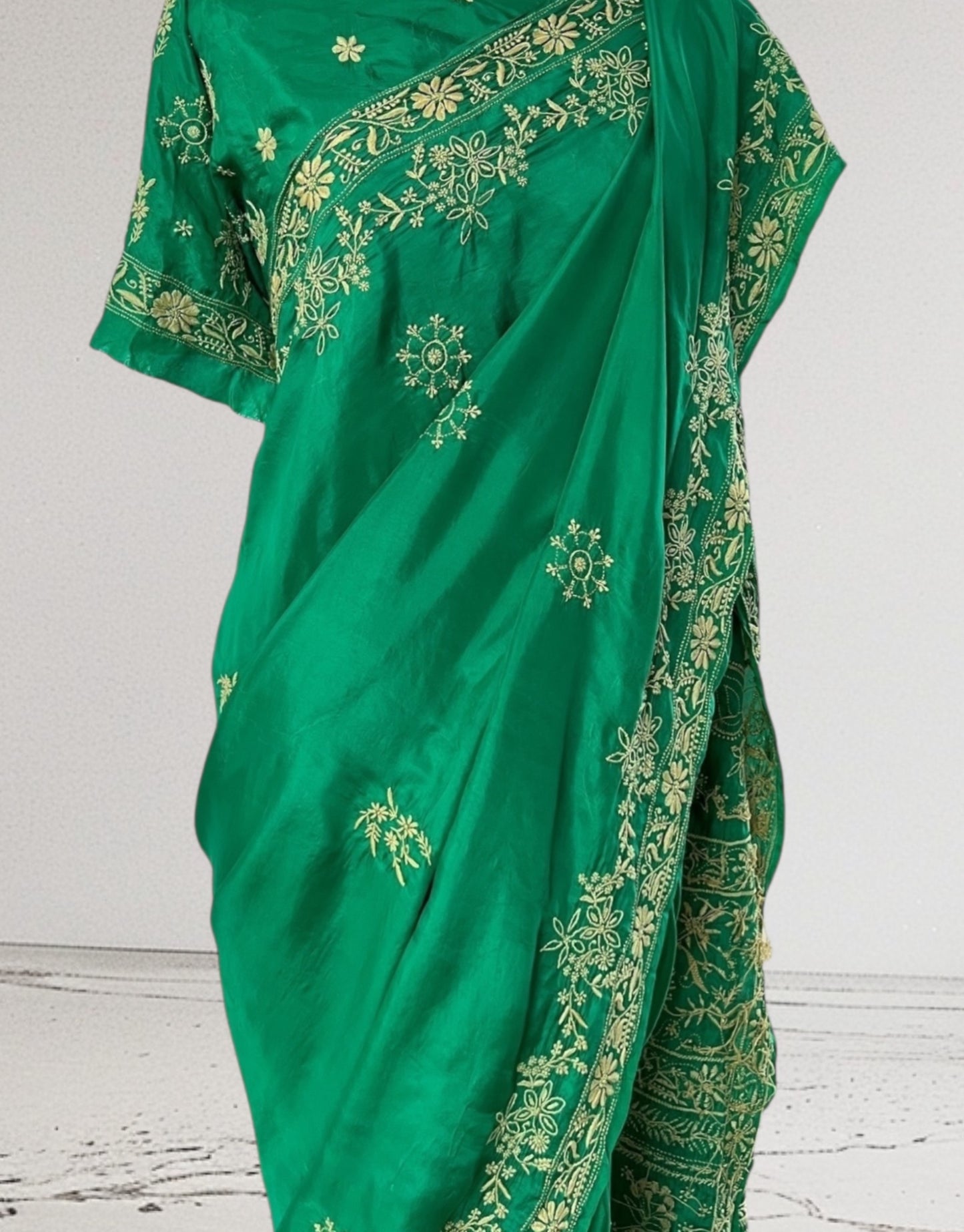 Emerald Green Silk Saree with Chikankari