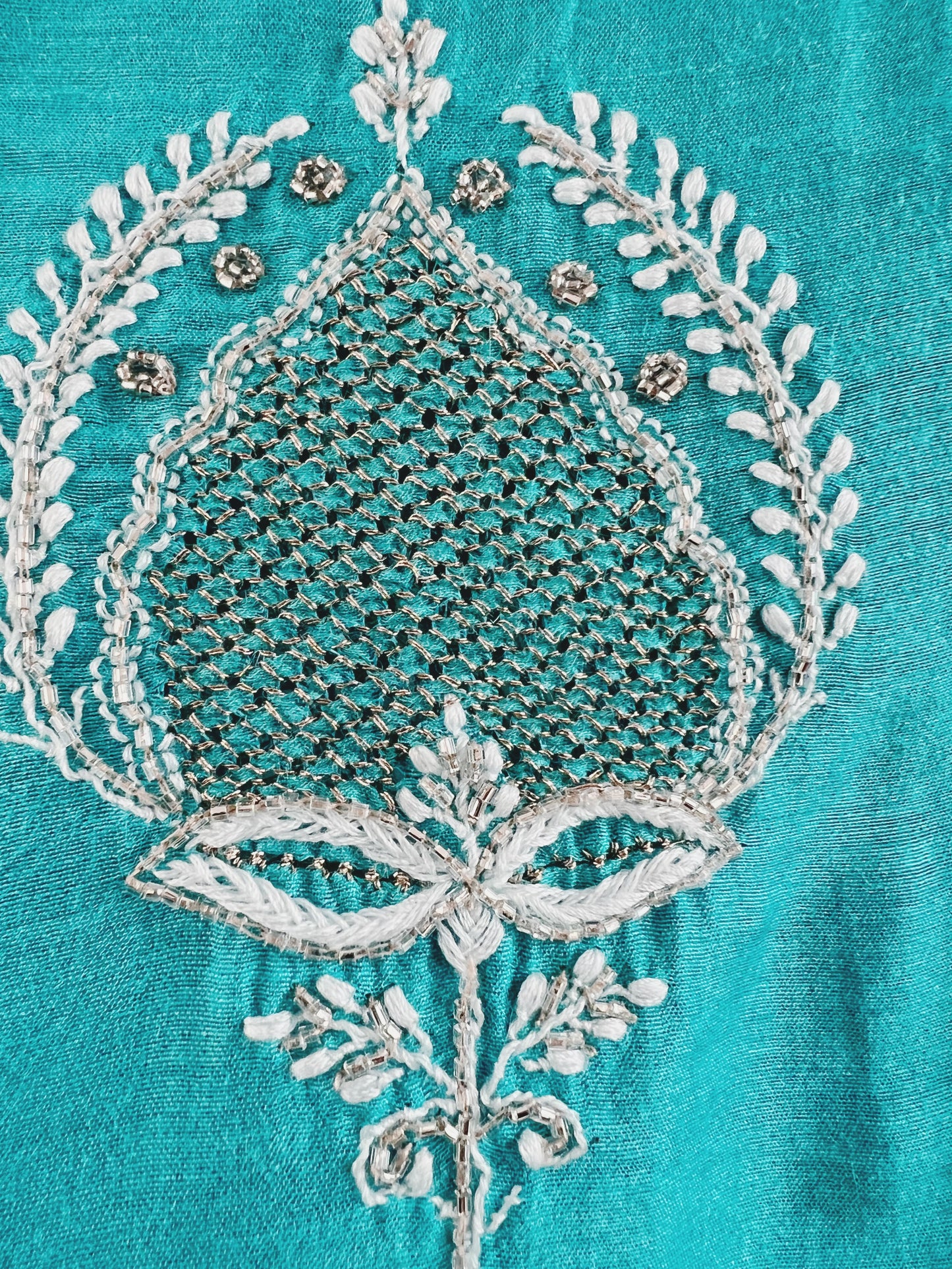 Pure Munga Silk Chikankari with Embellishments | Turquoise Classic