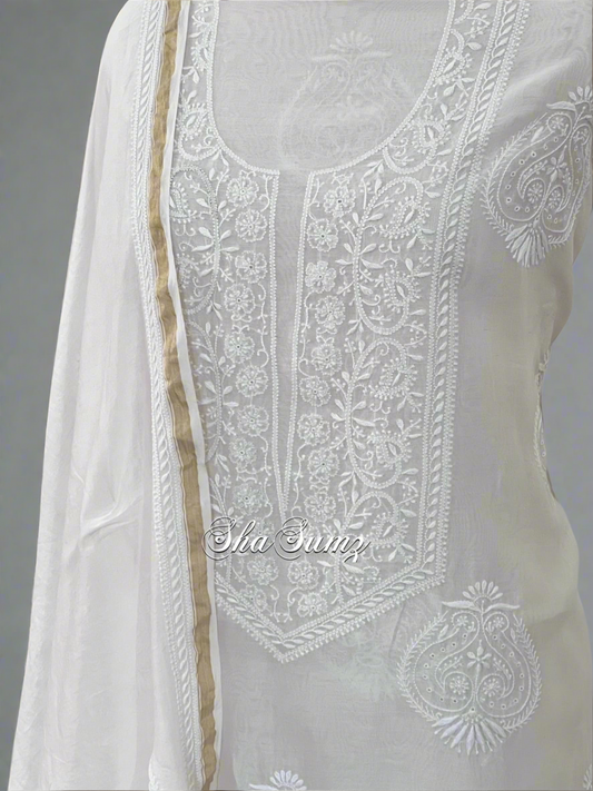 White Pure Chanderi Silk Suit with Do Taar Chikankari