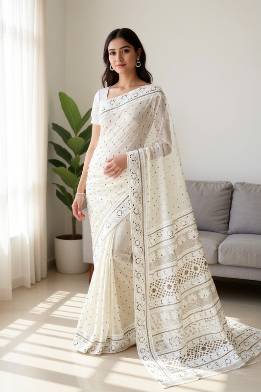 Saree with Chikankari & Mukaish Badla