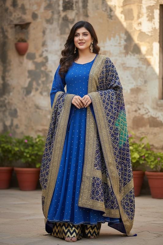 Royal Blue Mukaish Anarkali - Pure Georgette