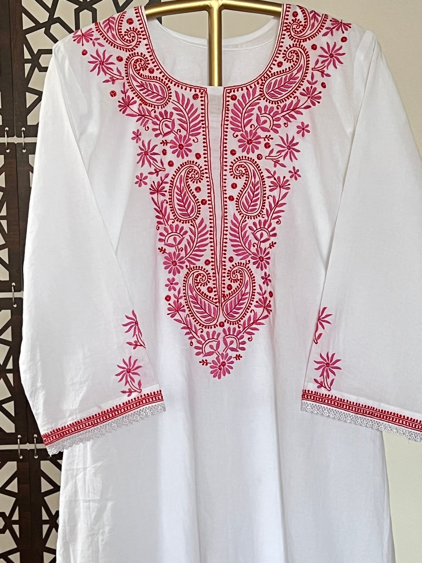 White Cambric Cotton Kurta with Multi Colour Chikankari