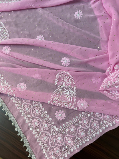 Rose Pink Do Taar Chikankari Paisley & Kamdani Pure Georgette Dupatta