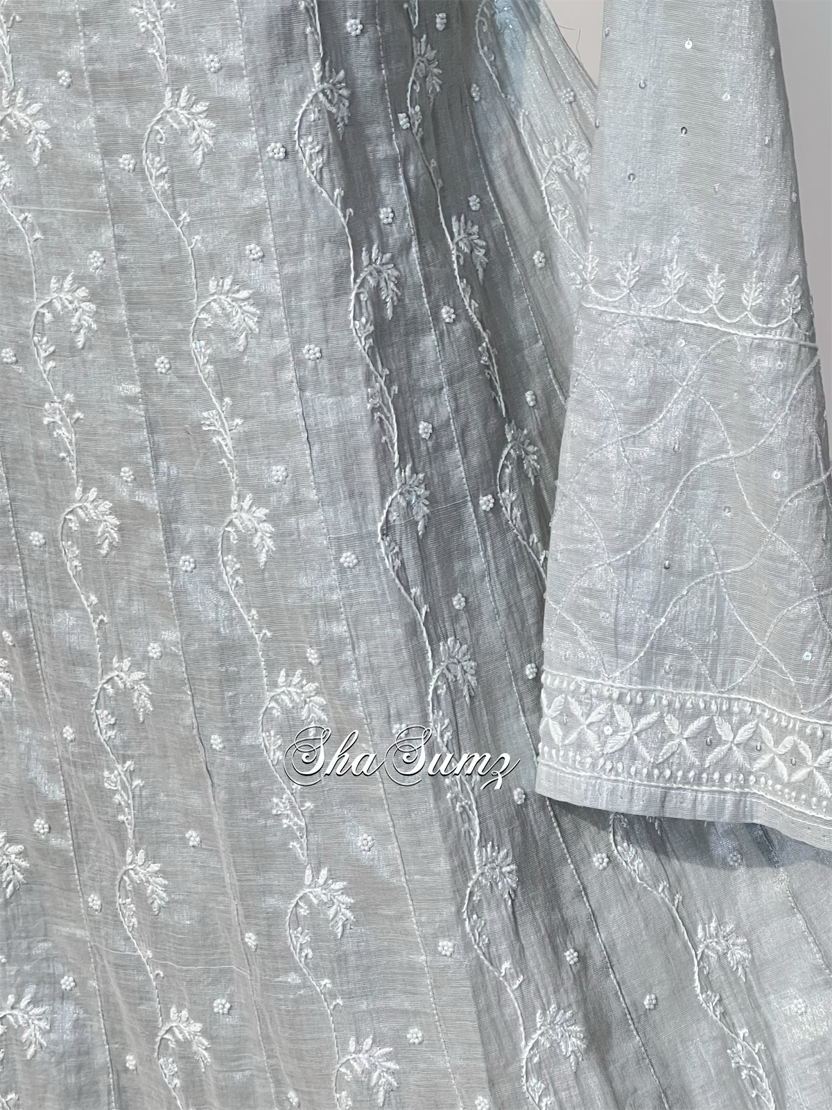 Silver Tissue Chikankari & Embellishments Anarkali