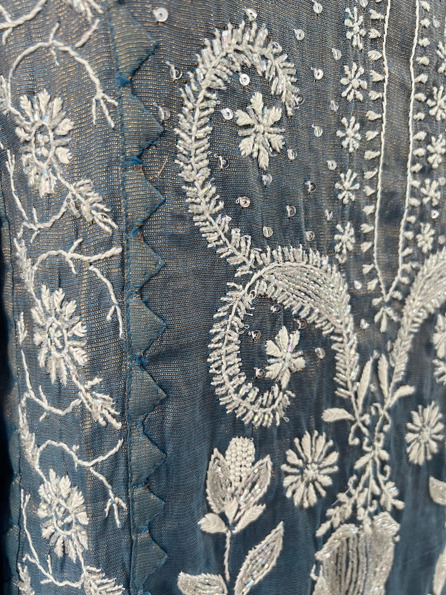 Blue Grey Tissue Chanderi Silk Suit with Chikankari and Embellishments