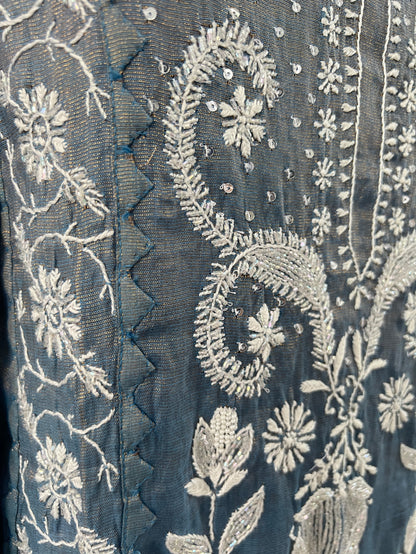 Blue Grey Tissue Chanderi Silk Suit with Chikankari and Embellishments