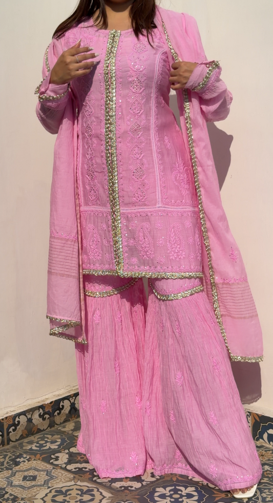 Pink Mul Chanderi Gharara with Chikankari and Mukaish