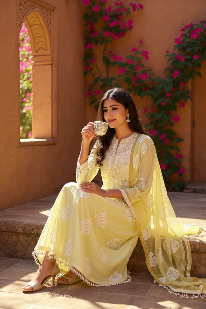 Lemon Yellow Fine Chikankari & Embellishments Suit