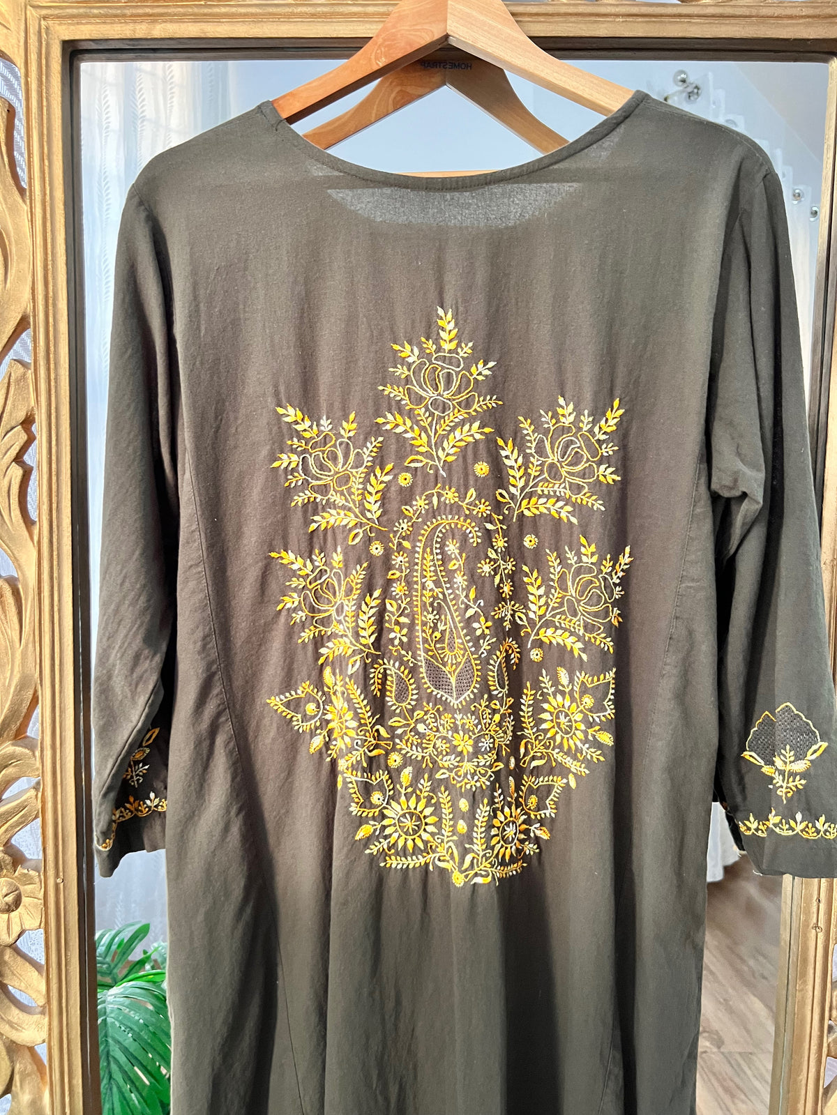 Olive Green Kurta Set with Multi Colour Chikankari & Haath Jaali