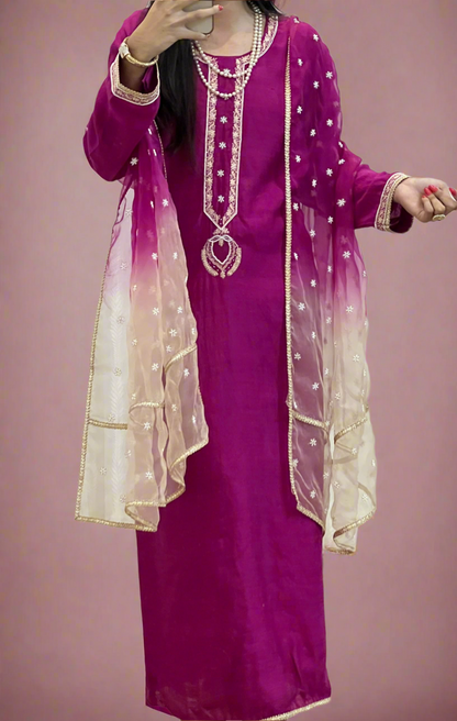 Fuchsia Rose Pure Silk Suit with Chikankari & Embellishments