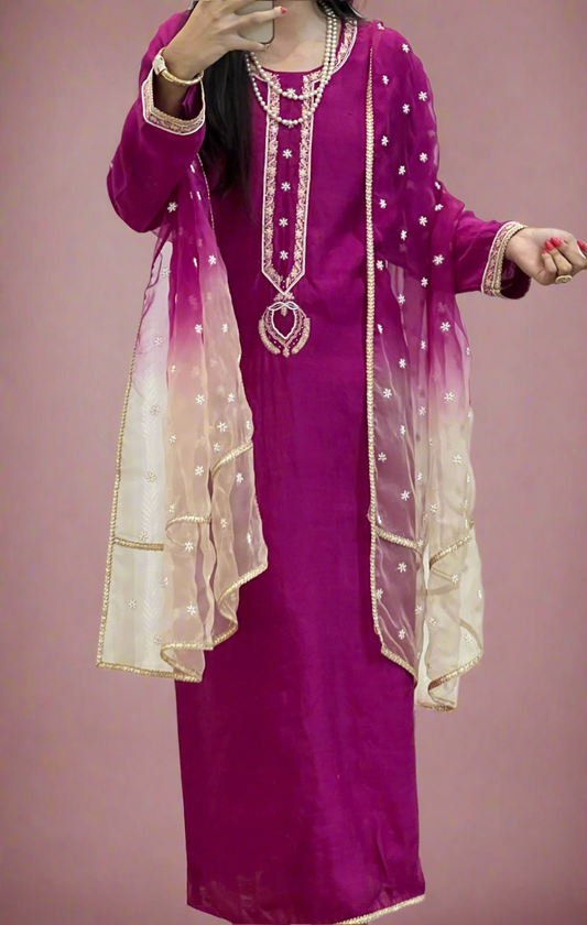 Fuchsia Rose Pure Silk Suit with Chikankari & Embellishments