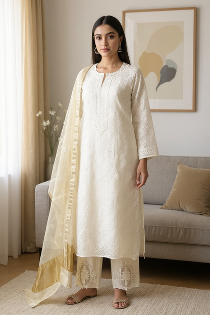 Mul Chanderi Kurta with Chikankari & Haath Jaali