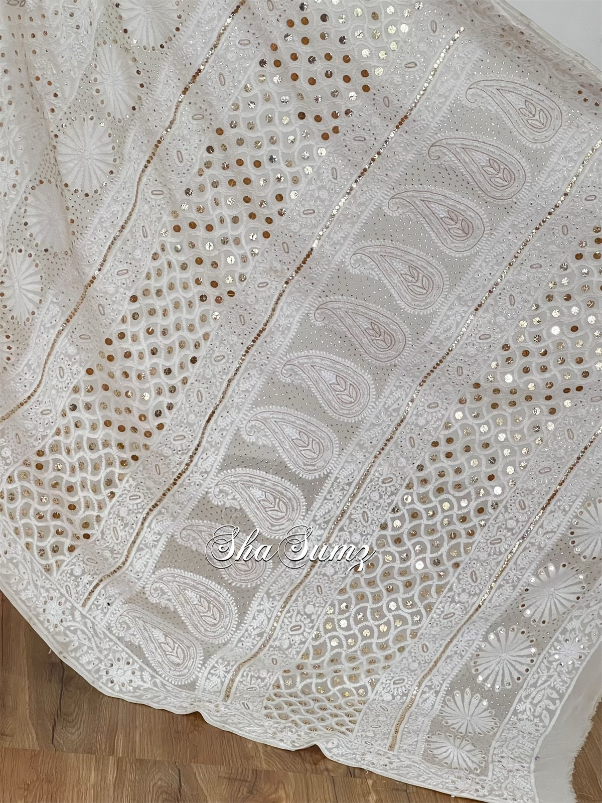 Lily White Saree with Chikankari, Mukaish & Pearls