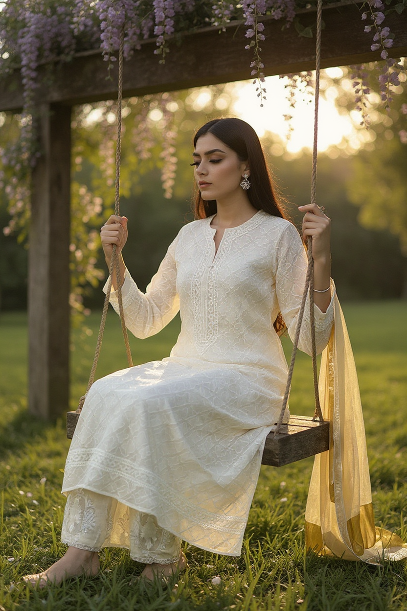 Mul Chanderi Kurta with Chikankari & Haath Jaali