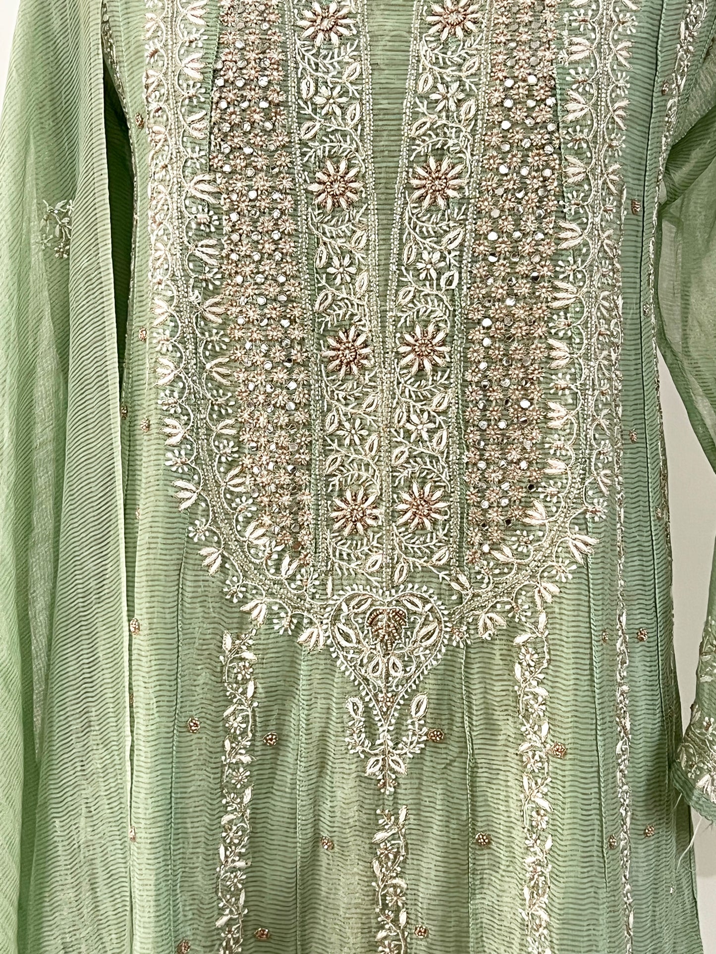 Sage Green Striped Tissue Chanderi Anarkali- Chikankari and embellishments