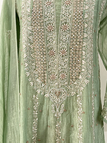 Sage Green Striped Tissue Chanderi Anarkali- Chikankari and embellishments