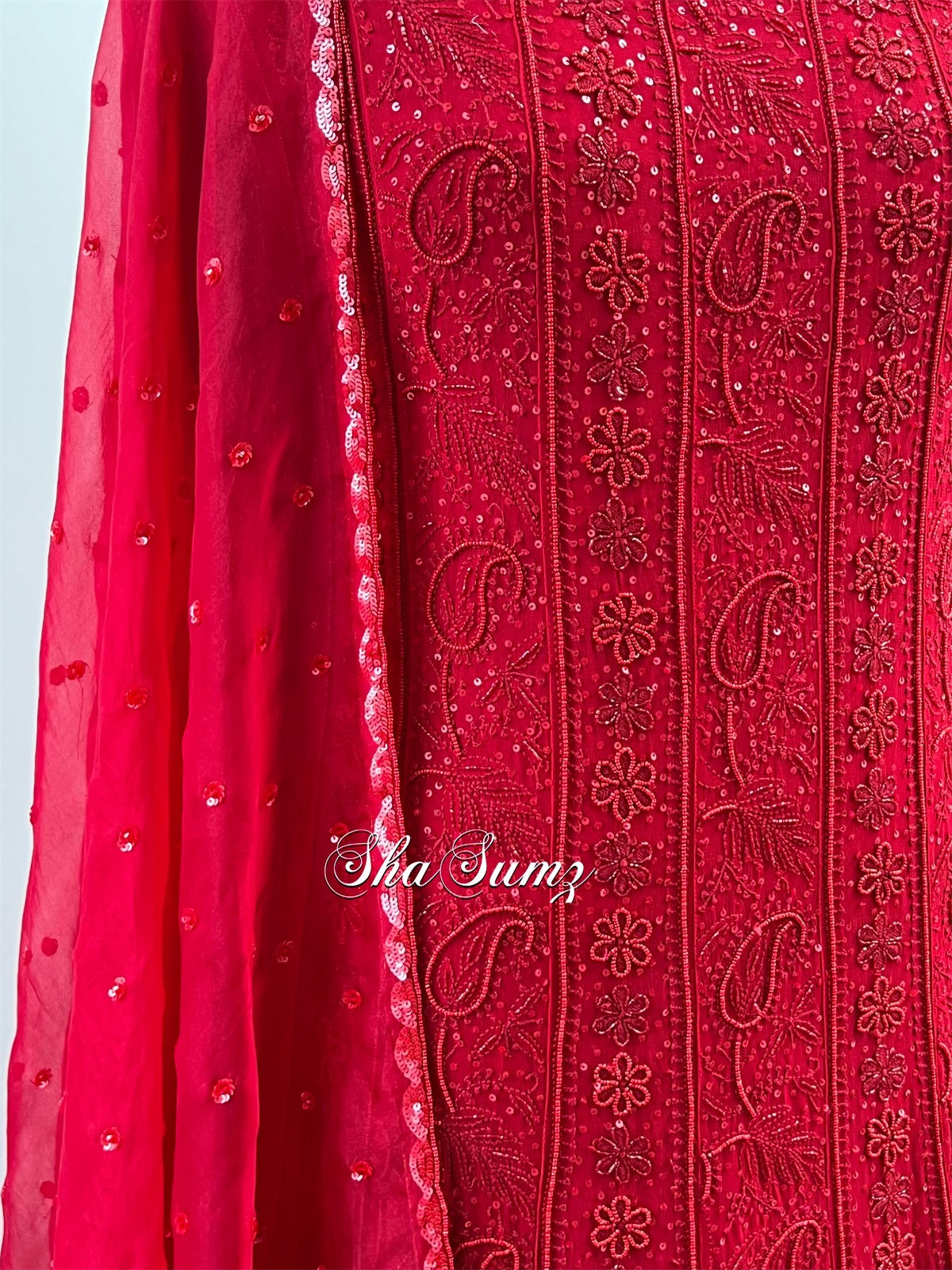 Carmine Red Anarkali with Chikankari & Embellishments.