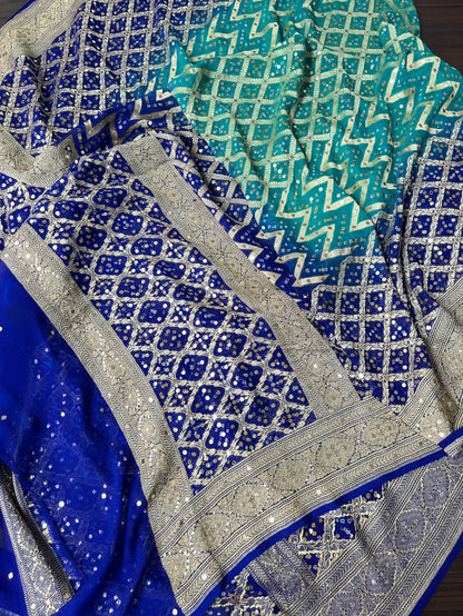 Royal Blue and Green Banarsi Bandhej Dupatta with Mukaish