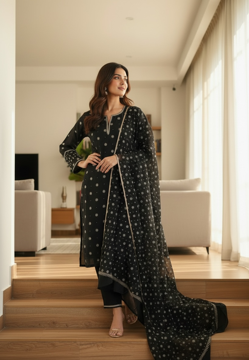 Black Chanderi suit with Chikankari showcased on a model, highlighting elegant design and detailed embroidery.