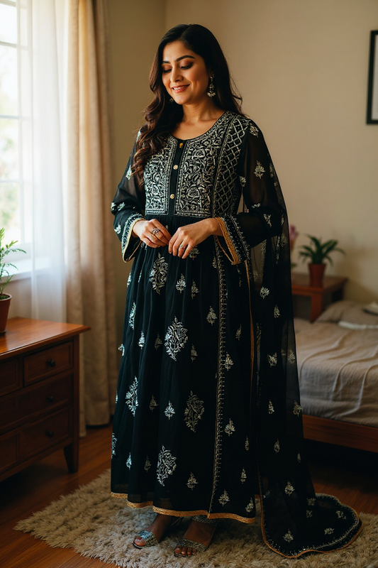 Black Mul Chanderi Peshwaz with Chikankari & Kamdani