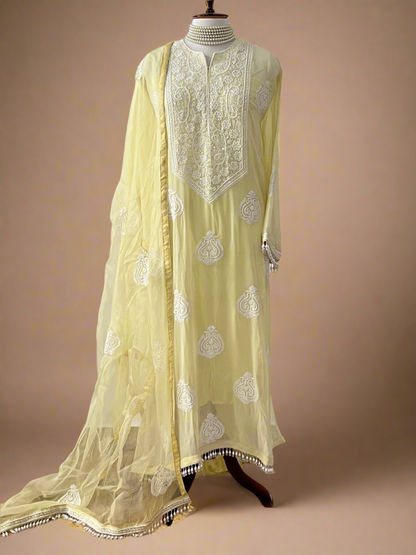 Lemon Yellow Fine Chikankari & Embellishments Suit