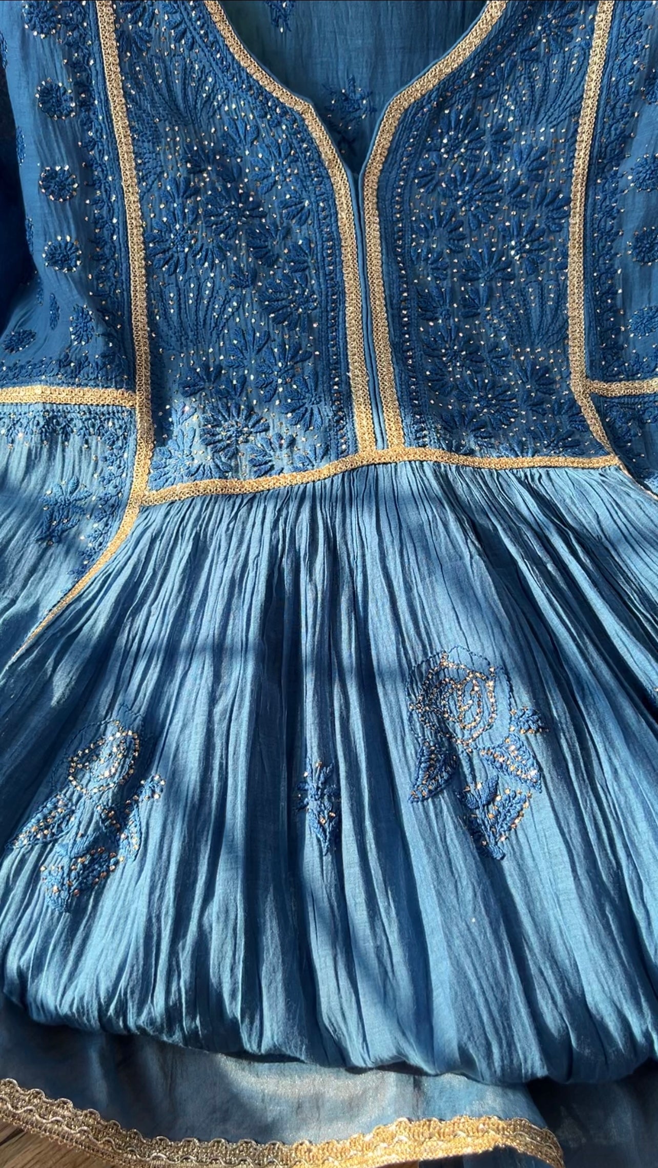 Egyptian Blue Mul Peshwaz with Chikankari & Kamdani