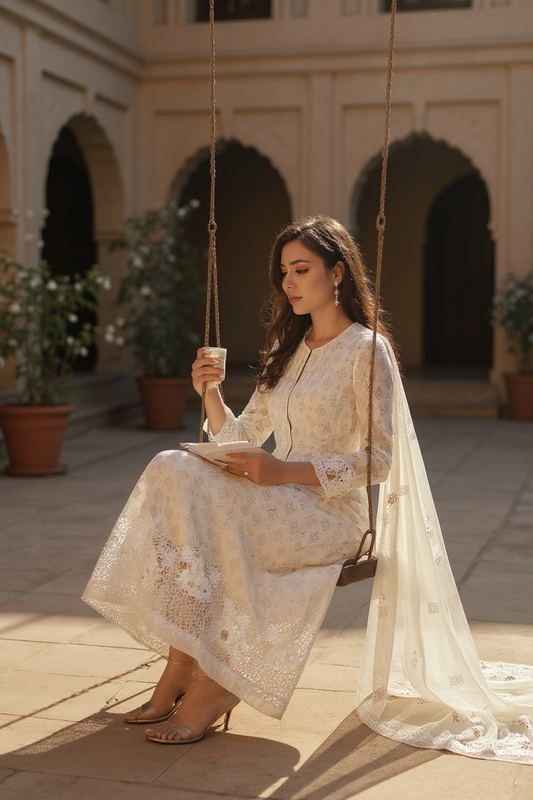 White Dove Chikankari & Mukaish Anarkali