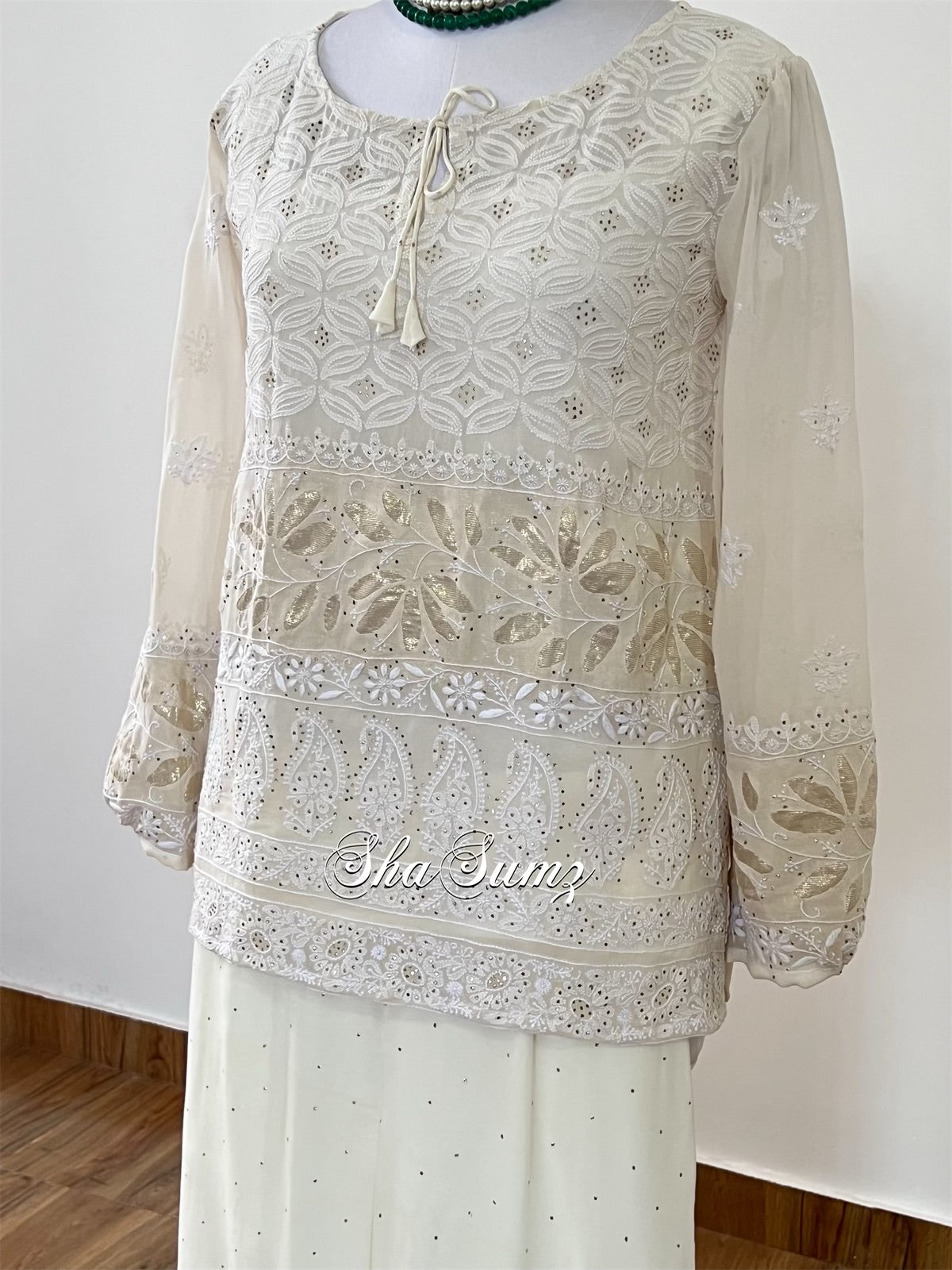 Ivory Chikankari & Mukaish Co-Ord Set with Tissue Applique