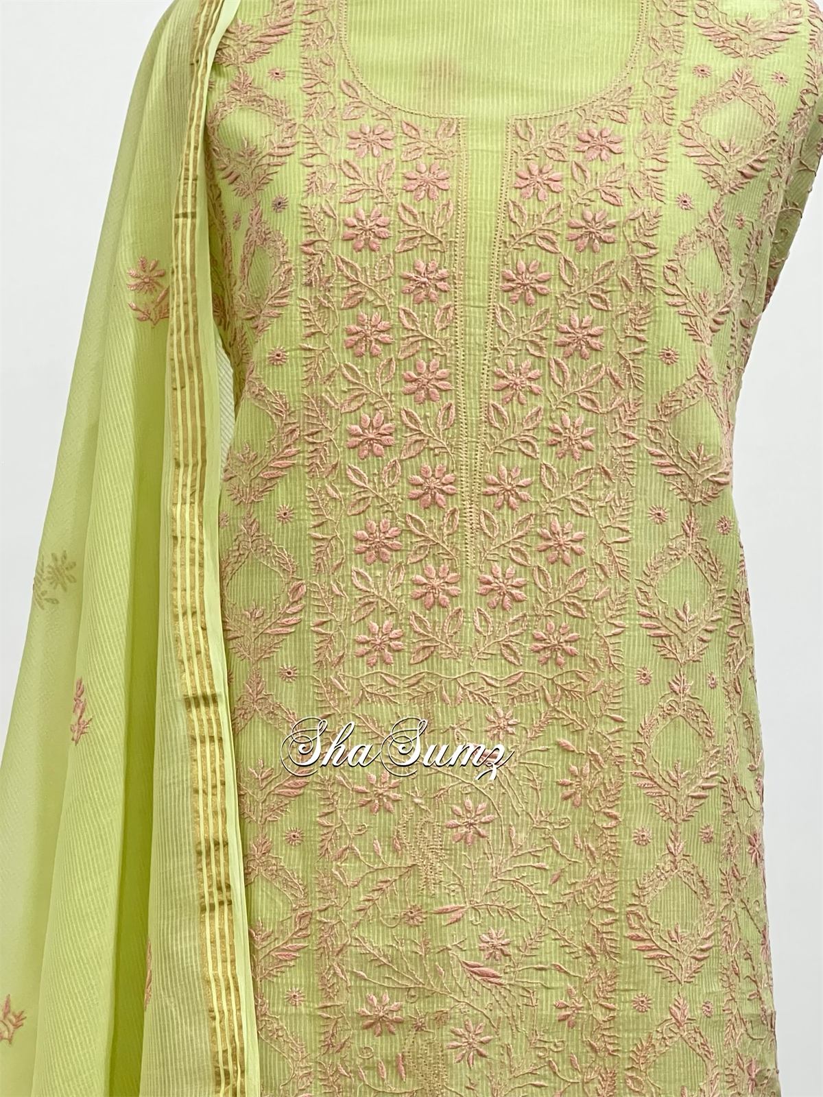 Lime Green and Pink Chikankari Mul Chanderi Suit