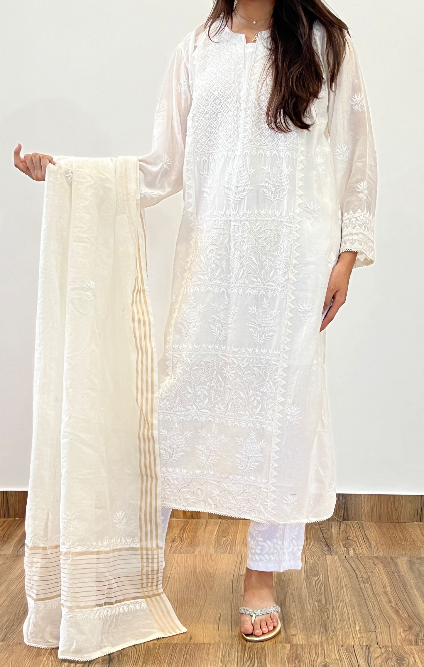 Classic Off White Pure Chanderi Silk Suit with Chikankari & Embellishments