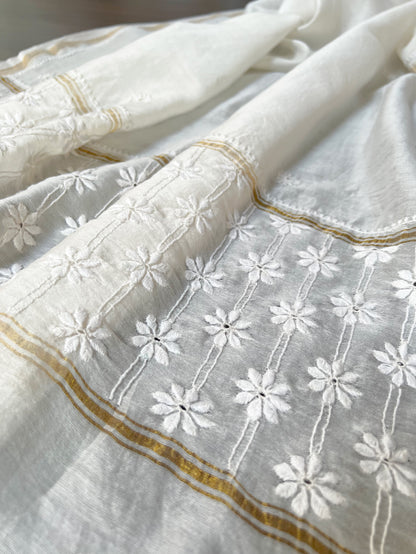 Chanderi Dupatta with Hand-Embroidered Chikankari – Dyeable & Customizable
