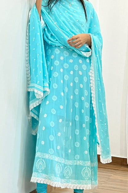 Aqua Blue Anarkali with Chikankari