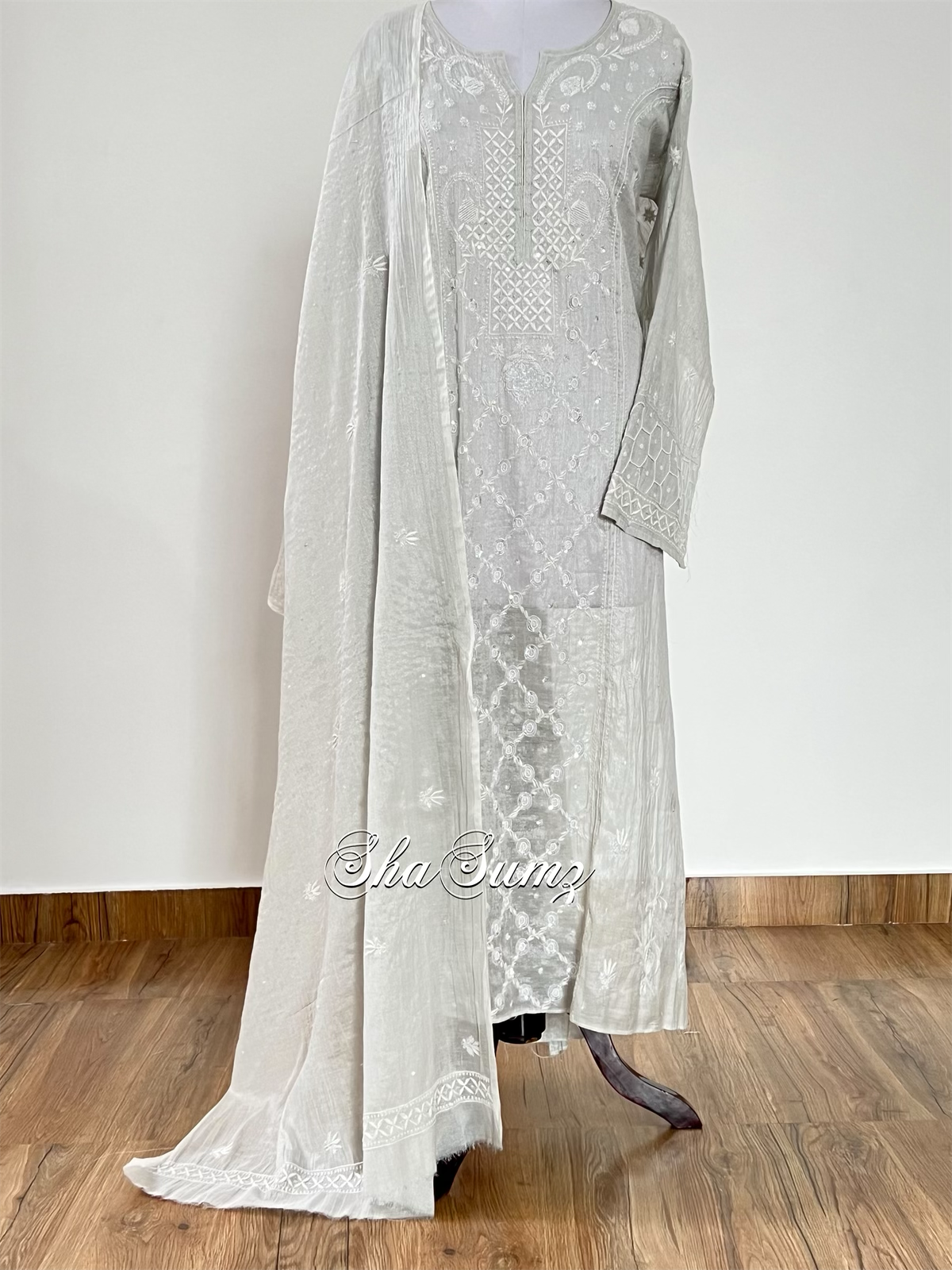 Silver Tissue Chikankari & Embellishments Suit