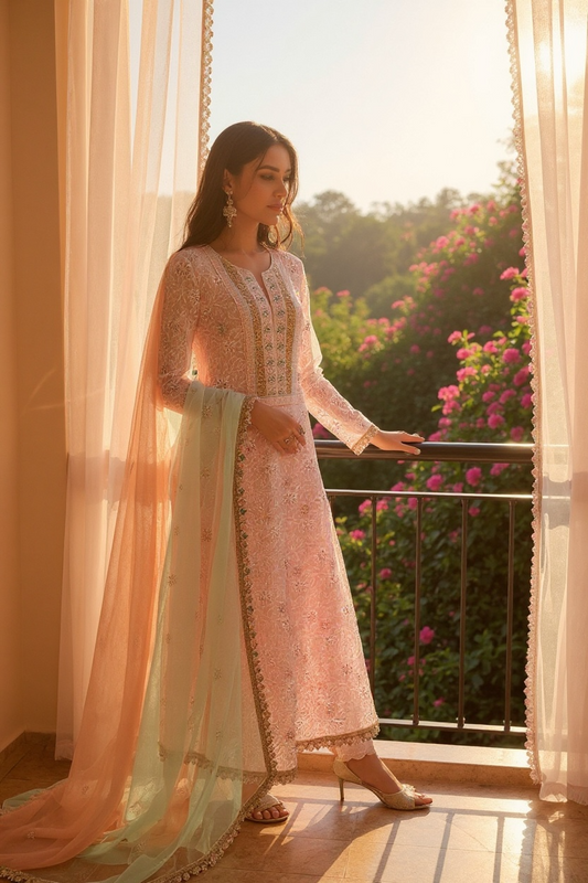 Powder Pink Silk Chikankari & Zardozi Suit
