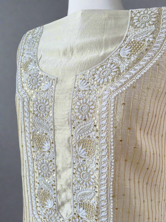 Pure Silk Chikankari Kurta with Embellishments neckline 