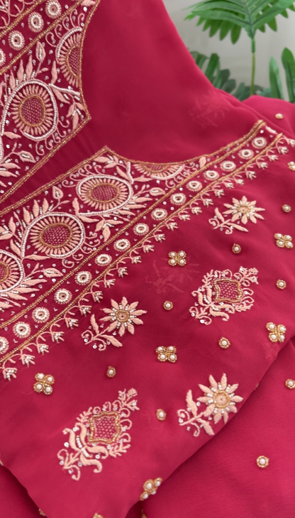 Soft Red Pure Georgette Suit with Chikankari & Embellishments
