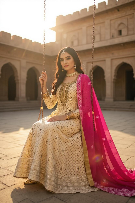 Bride wearing ShaSumz Cream-Gold Chikankari Ensemble with Fuchsia Dupatta