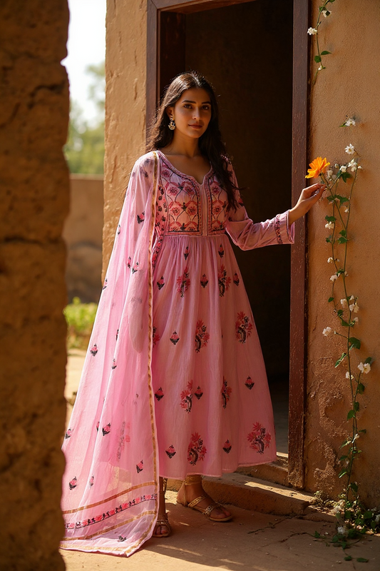 Lavender Mul Chanderi Peshwaz with Chikankari