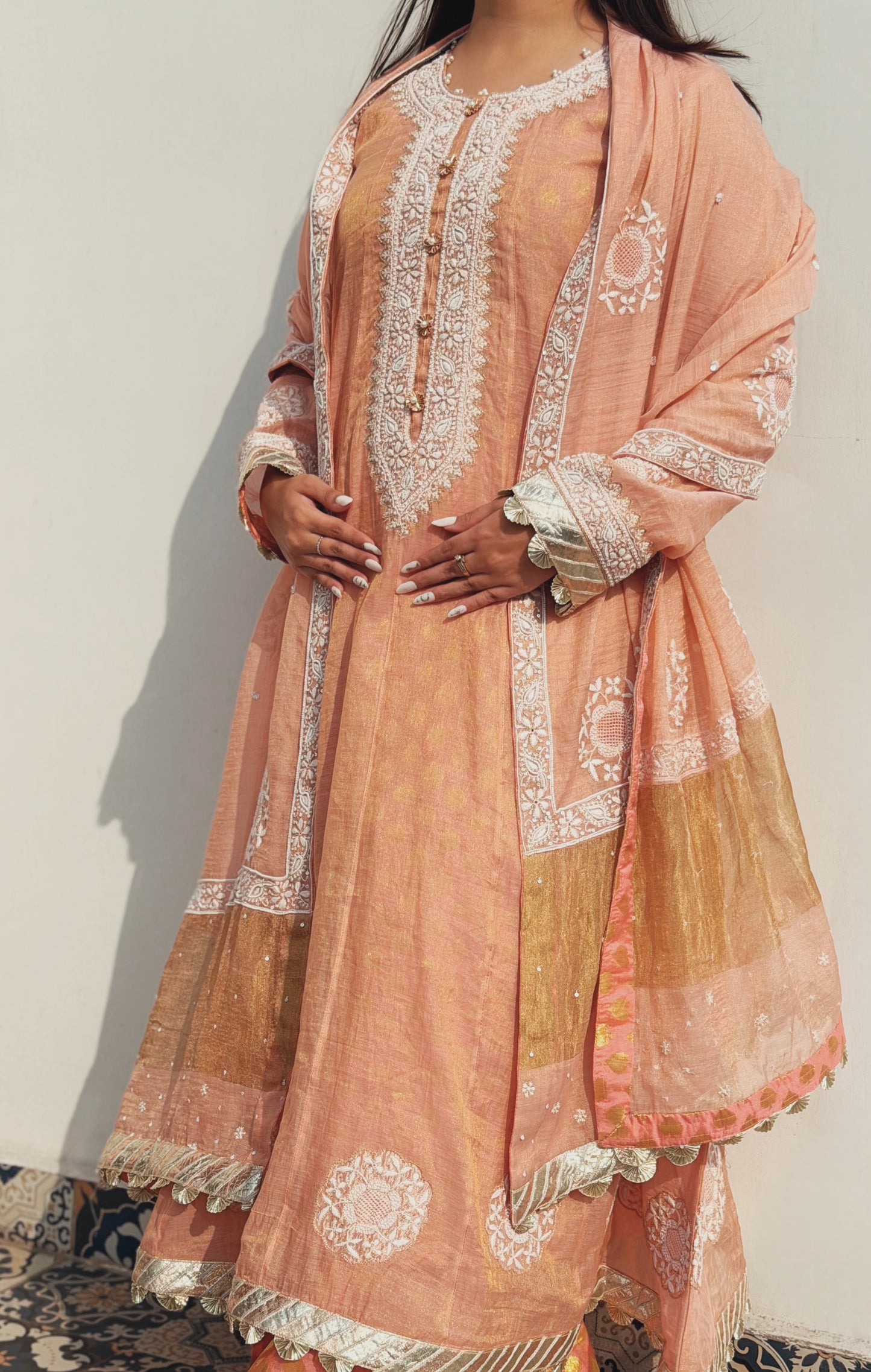 Blush Peach Tissue Chanderi Anarkali with Chikankari & Brocade Sharara