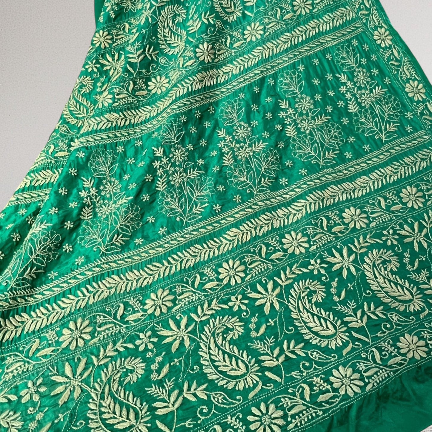Emerald Green Silk Saree with Chikankari