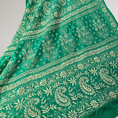 Emerald Green Silk Saree with Chikankari