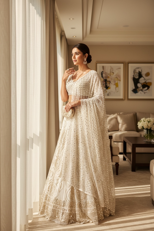 Off White Mukaish Lehanga on Pure Georgette