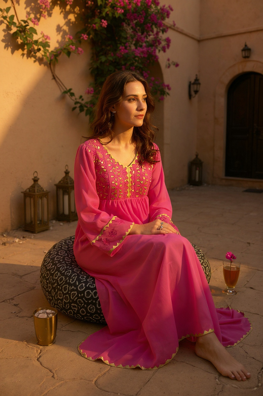 Magenta Chikankari & Gota Patti Kurti